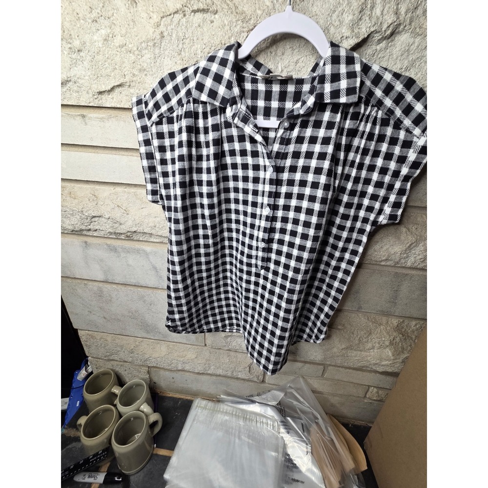 Loft Outlet Womens Petite Black White Gingham Cap Sleeve Button Down Blouse SP